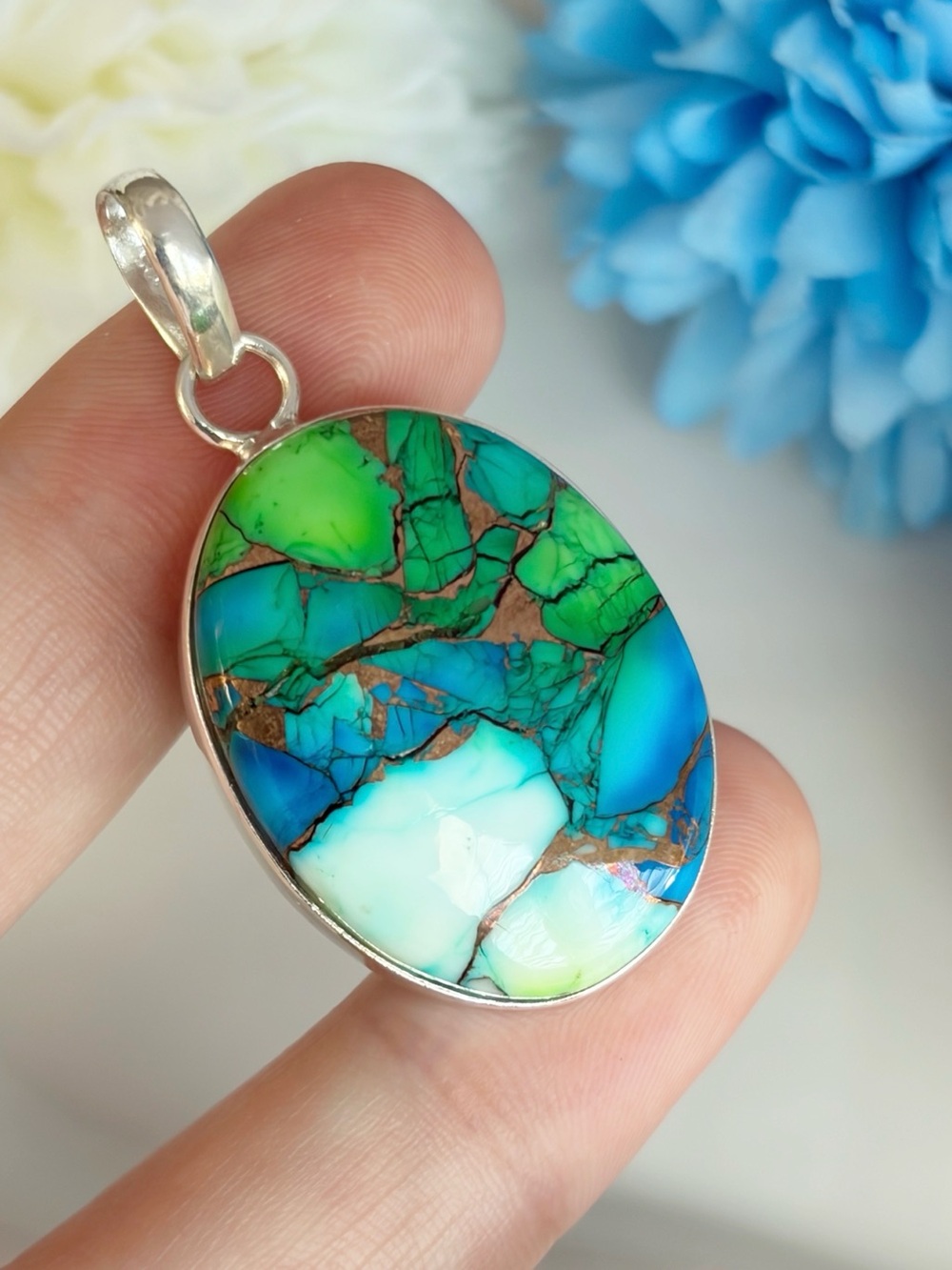 Pure Sterling Silver 925 Genuine Peacock Dahlia Turquoise Pendant Fine Jewelry